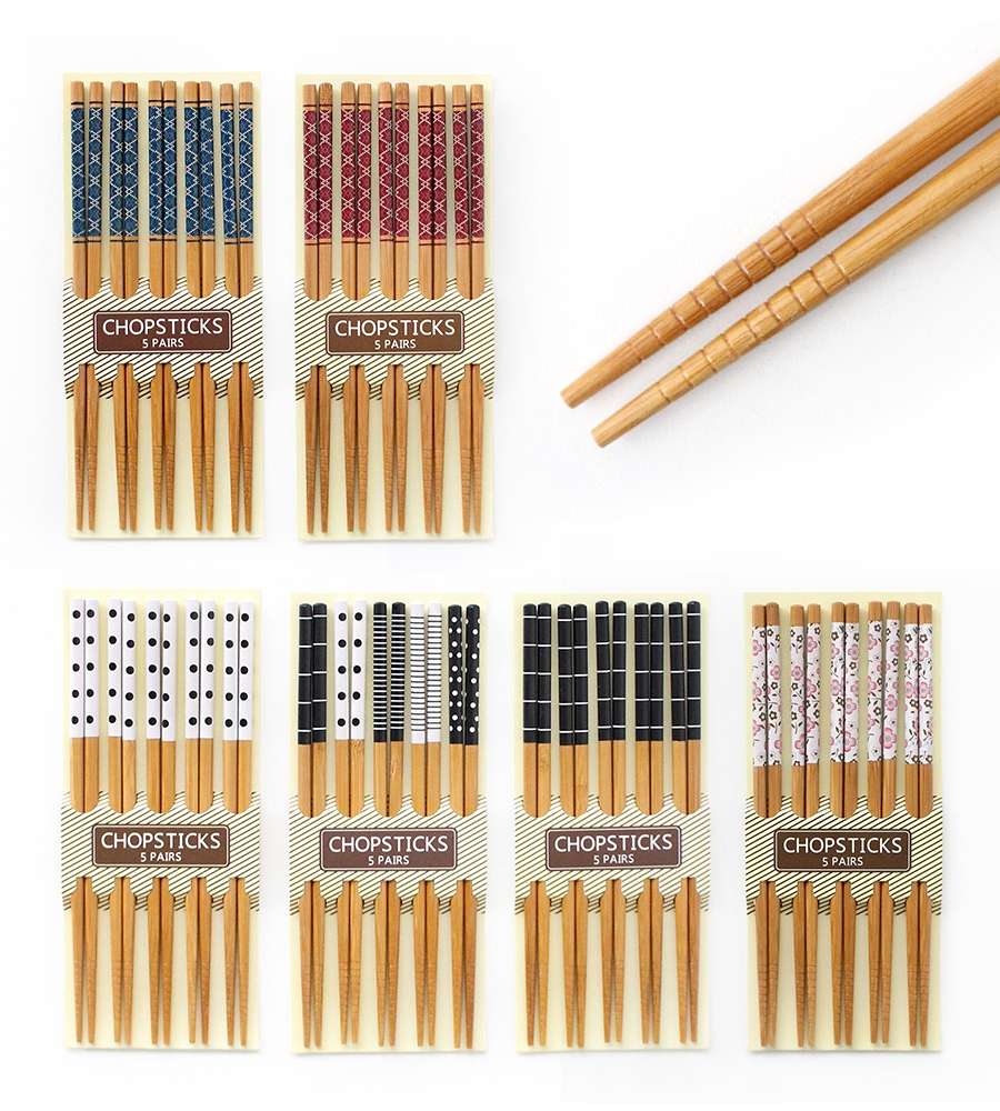 Bamboo Pattern Wooden Chopsticks 5-Piece Set (Natural Wood Japanese-Style Dining Chopsticks for Home and Restaurant Use)
