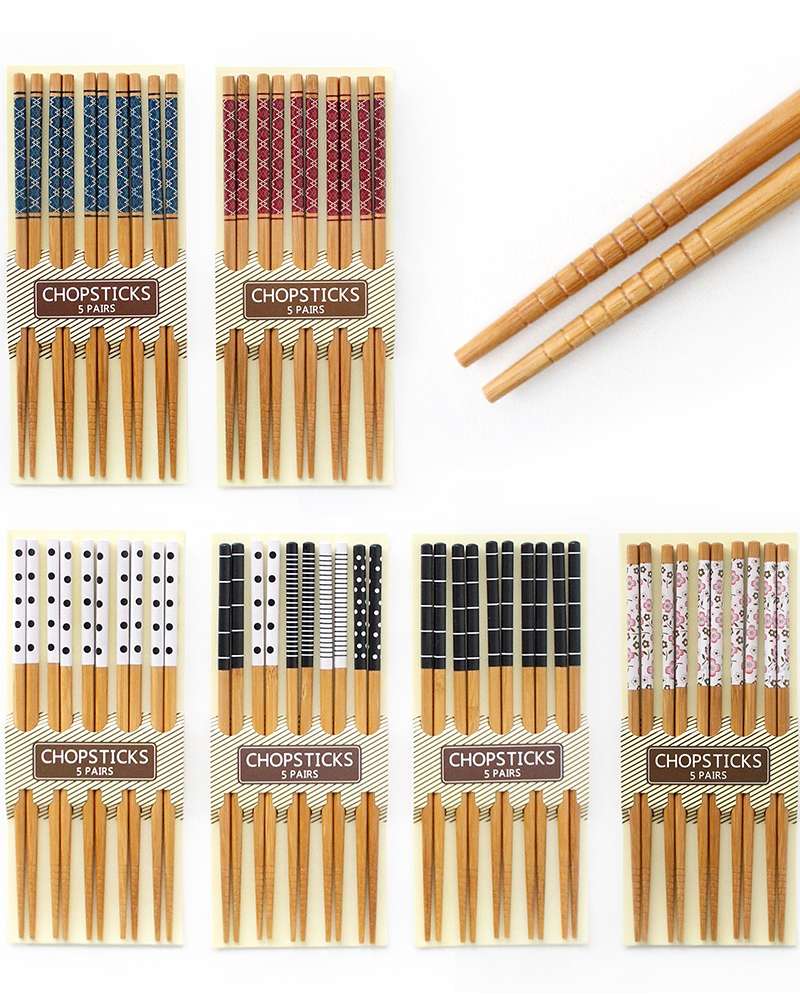 Bamboo Pattern Wooden Chopsticks 5-Piece Set (Natural Wood Japanese-Style Dining Chopsticks for Home and Restaurant Use)
