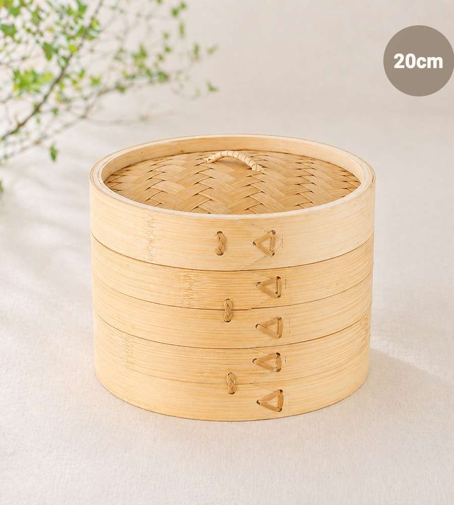 20cm Bamboo Small Dumpling Steamer (Commercial Steamer Basket Dim Sum 2-Tier Rice Cake Bamboo Steamer Buffet Steaming Cookware Hotteok Cake Making)