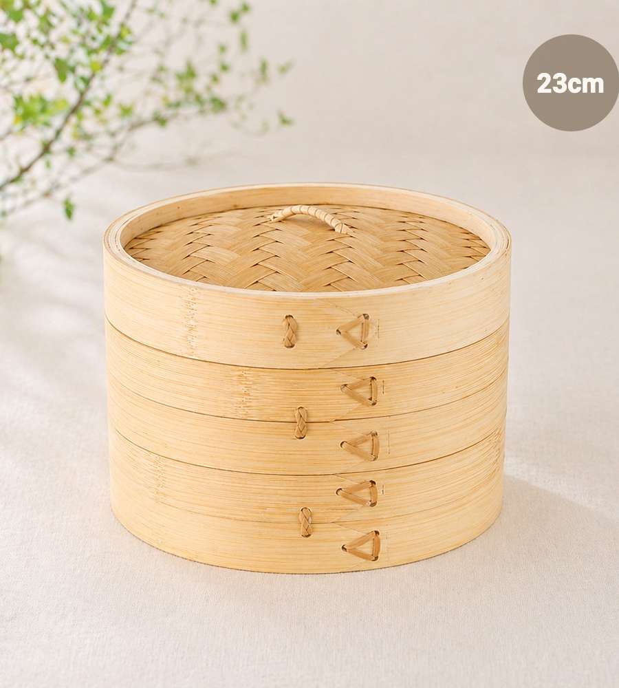 23cm Bamboo Dumpling Steamer (Commercial Dim Sum 2-Tier Steamer Basket for Dumplings, Buns, Rice Cakes, Boiled Meat, Buffet)