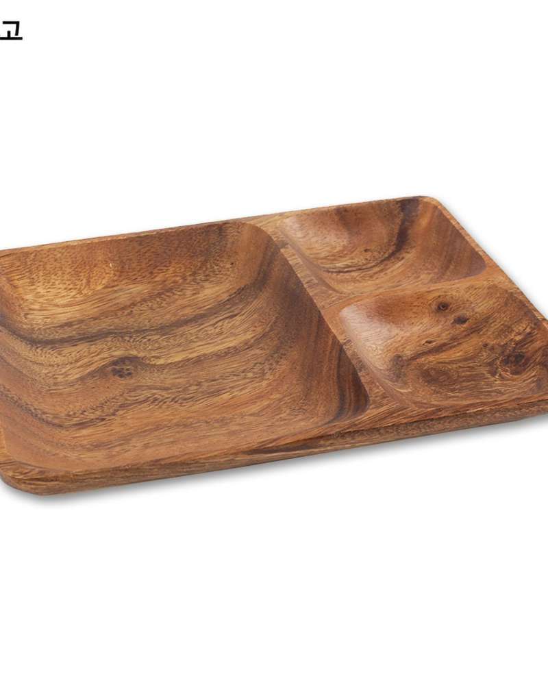 Wooden Rectangular 3-Compartment Serving Plate | Antique Wood 3-Section Appetizer Dish