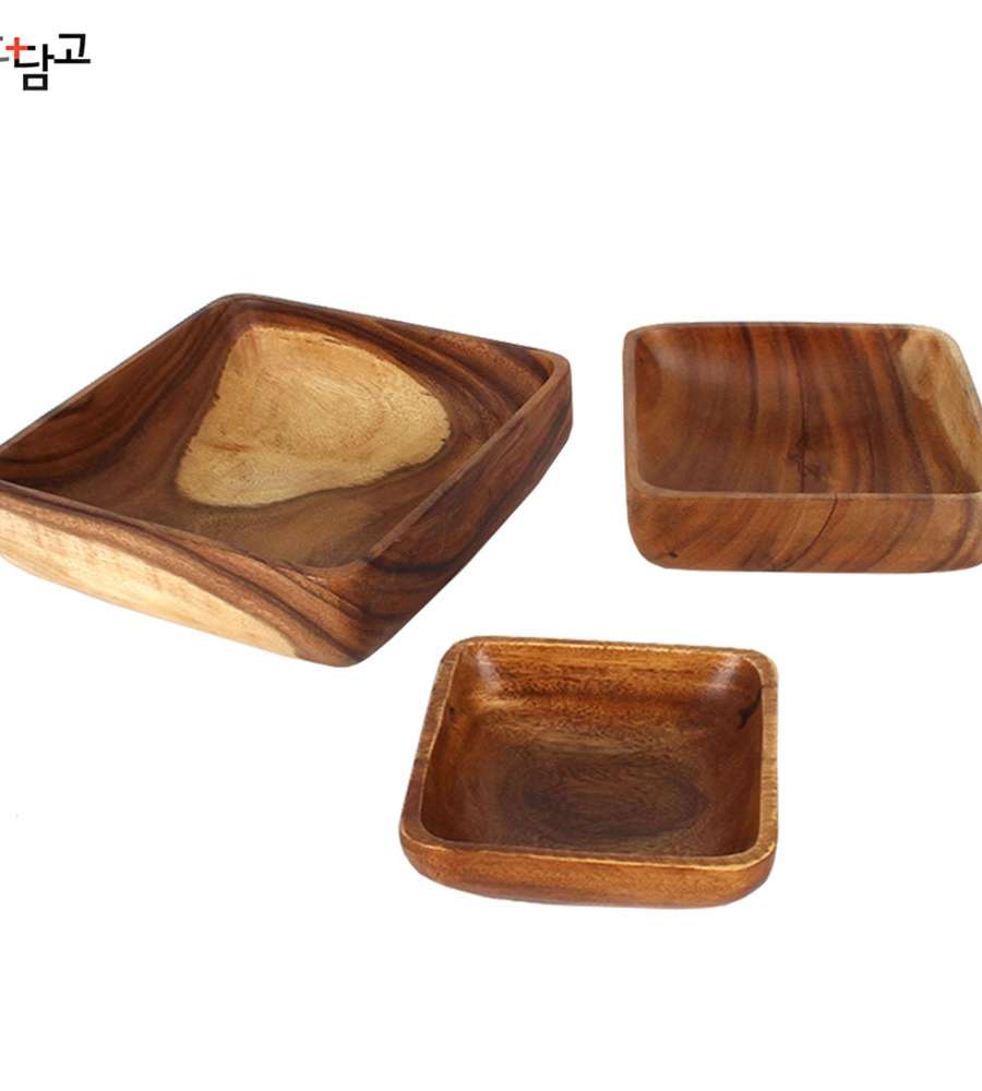 Natural Wood Square Bowl 3-Piece Set | Wood Salad Bowl Wooden Appetizer Snack Plate Bibimbap Bowl Cereal Bowl