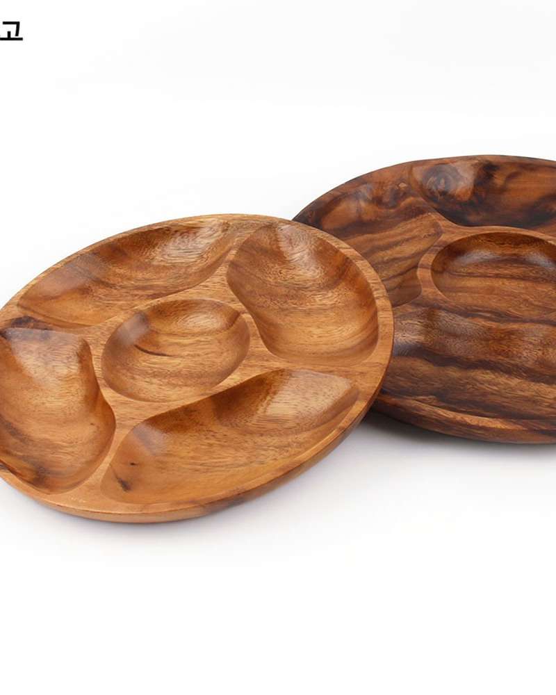 Natural Wood Round 5-Compartment Serving Plate | Antique Wood Appetizer Dish Korean Dining Tableware