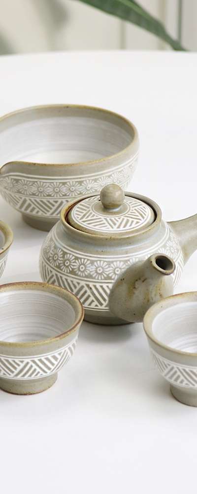 粉青 櫛目紋 3人茶器セット