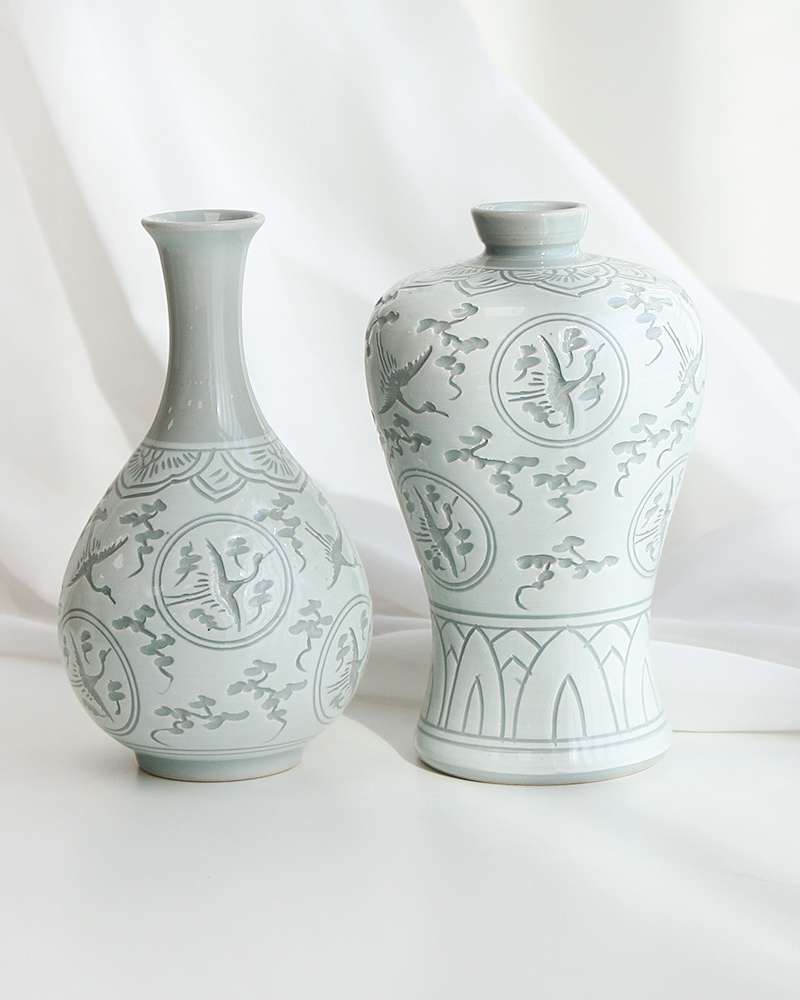 Celadon Clouds and Cranes Plum Vase Set (Extra Small)