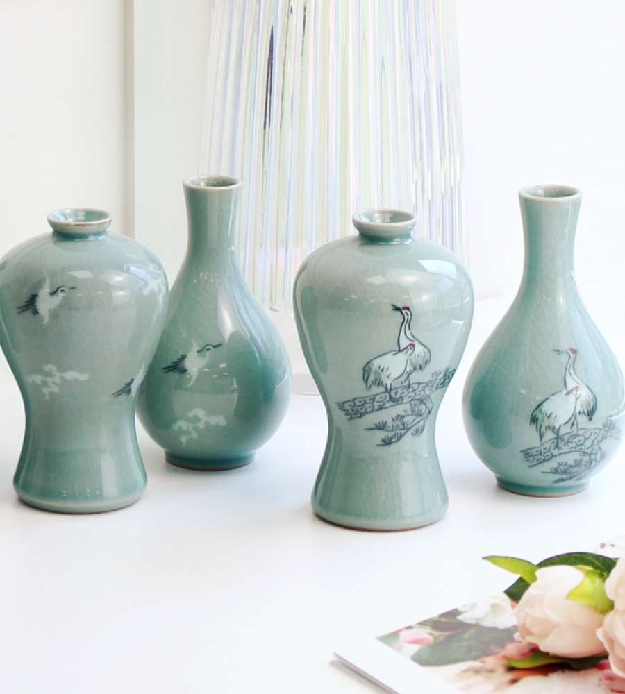 Doseong Celadon Plum Vase Set (Pine Crane/Cloud Crane) 14cm