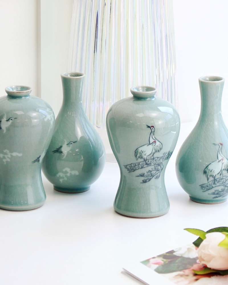 Doseong Celadon Plum Vase Set (Pine Crane/Cloud Crane) 14cm