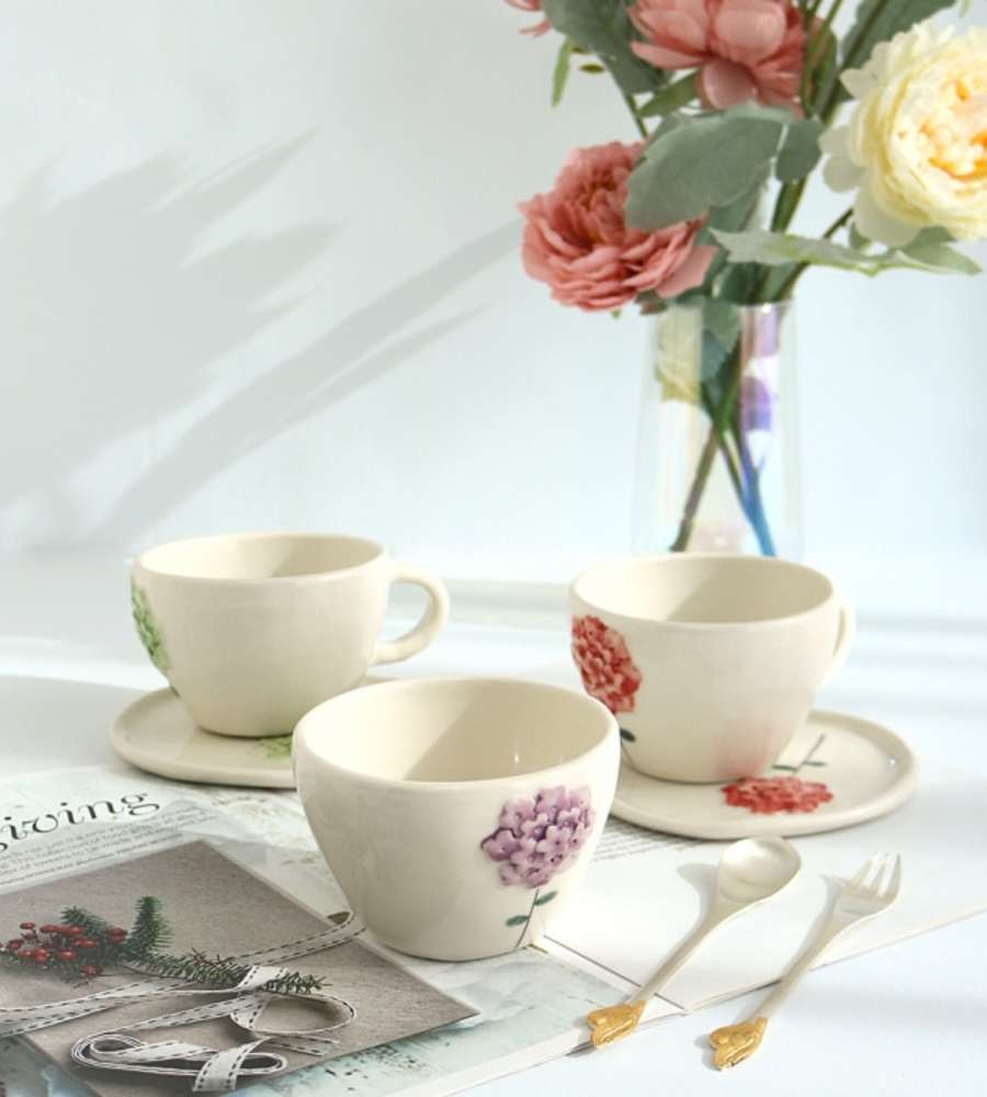 Porcelain Single Flower Coffee Cup Set (Choice)