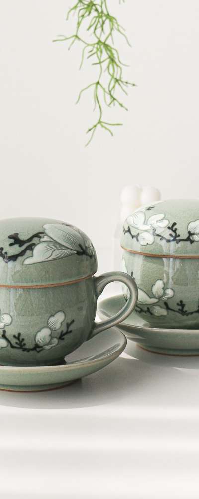 青磁モクレン夫婦茶器セット