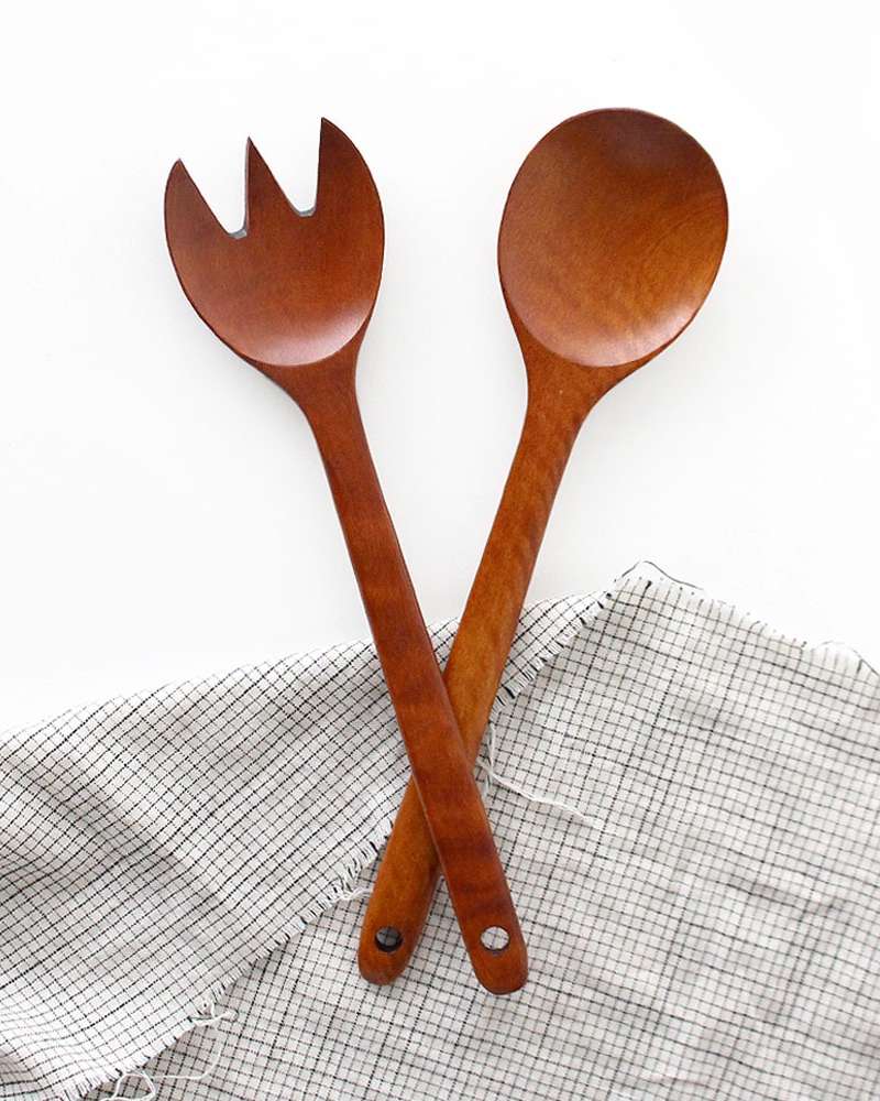 Rose Wood Lacquered Salad Server Set | Wood Serving Fork Wooden Tongs Spoon Brunch Plate Home Party
