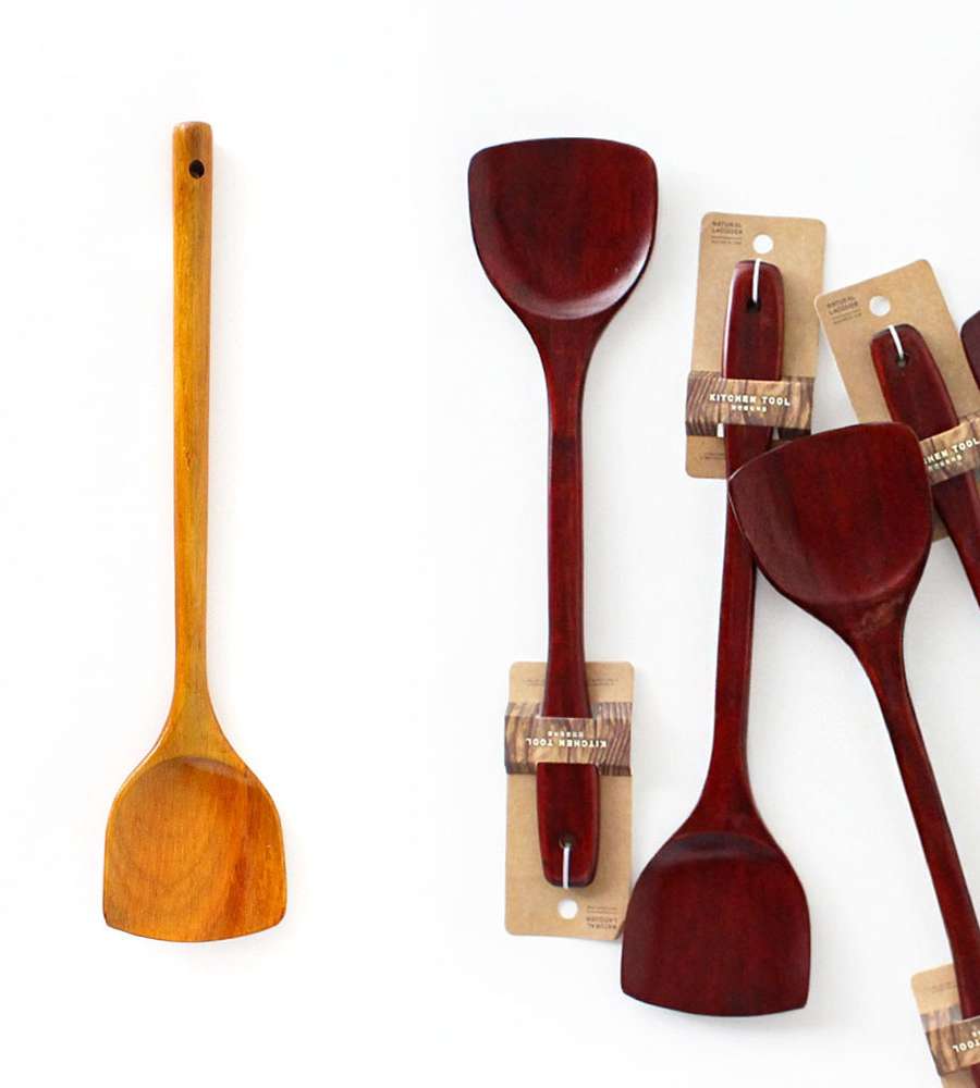 2-Color Lacquered Wood Cooking Spatula | Wood Stir-Fry Spatula Long Spatula Culinary Professional Long Spoon