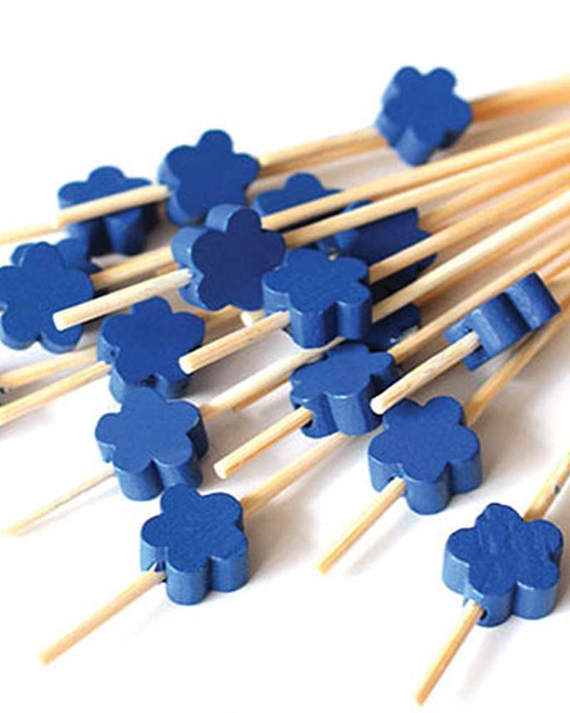 Deep Blue Flower Bamboo Fruit Pick Skewer 100P Hamburger Sandwich Mini Fork Cocktail Pick