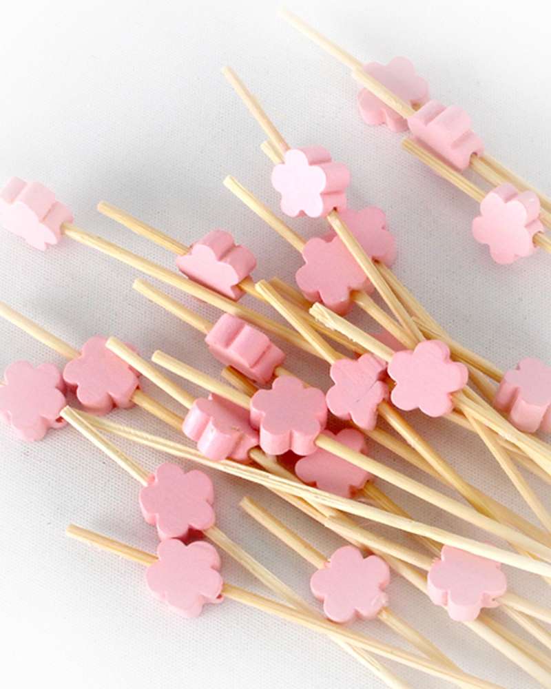 Pink Flower Bamboo Cocktail Picks 100P - Hamburger Sandwich Mini Fork