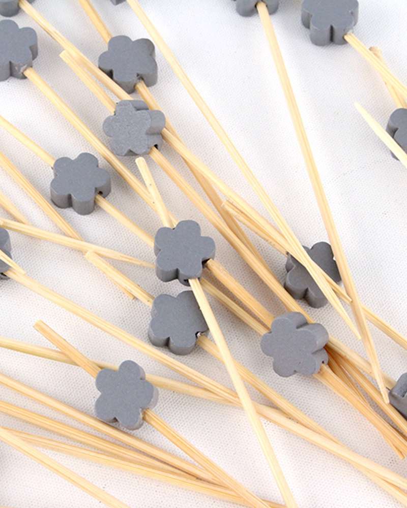 Gray Flower Bamboo Fruit Pick Skewer 100P Hamburger Sandwich Mini Fork Cocktail Pick