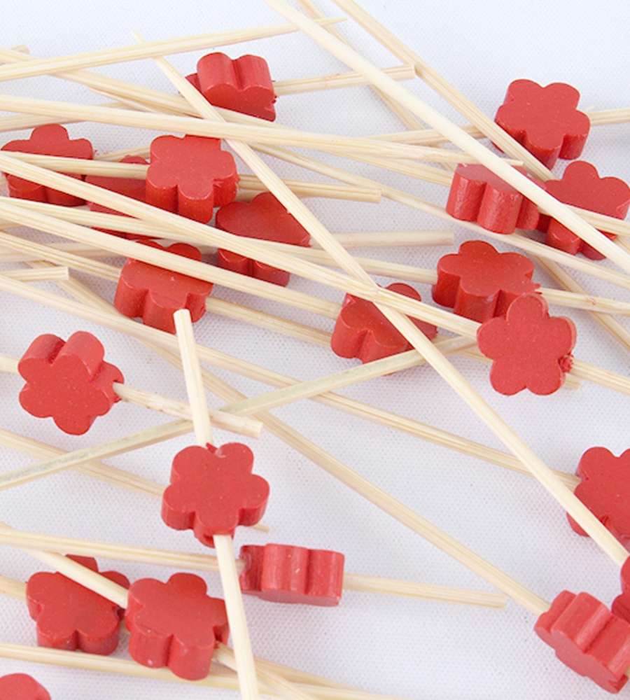 Red Flower Bamboo Color Fruit Pick Fork Cocktail Pick 100P Hamburger Sandwich Mini Fork