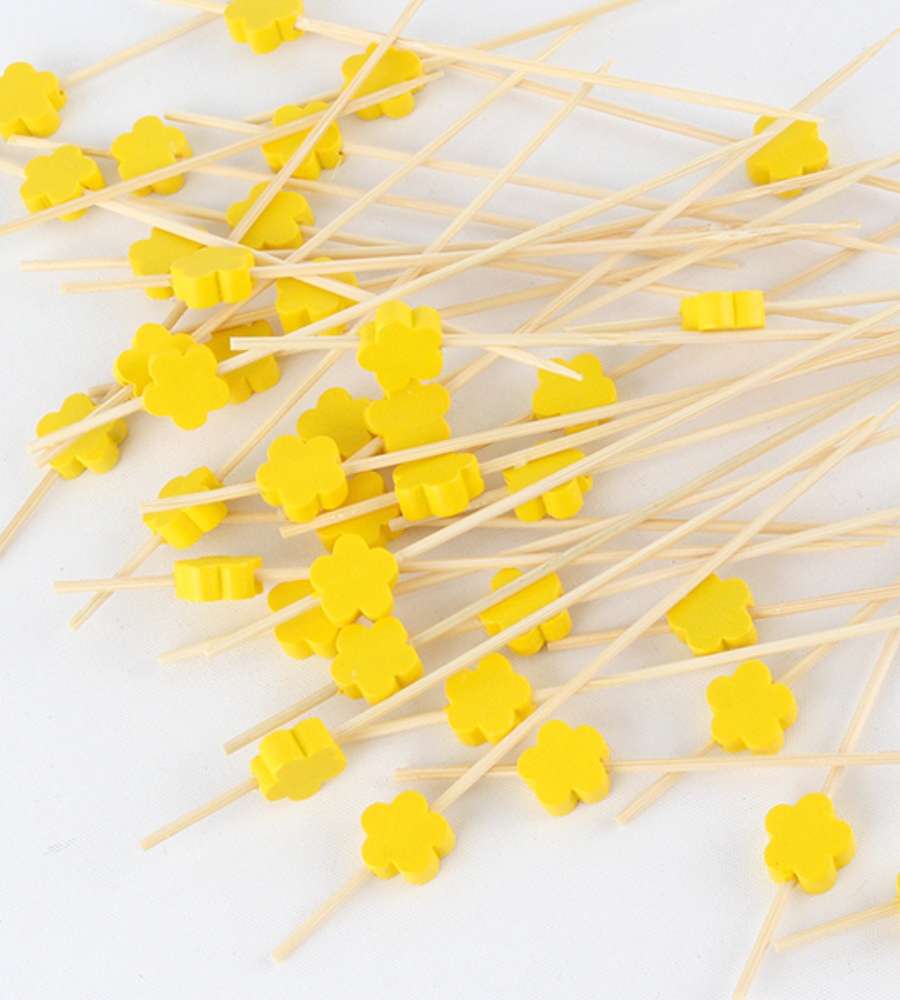 Yellow Flower Bamboo Colored Fruit Pick Skewer 100P Hamburger Sandwich Mini Fork Cocktail Pick