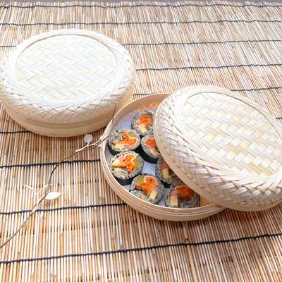 竹製ラウンド弁当箱（ピクニック お弁当 干し柿 韓菓子 餅 お弁当箱 遠足 キンパ 包装容器 餅かご）