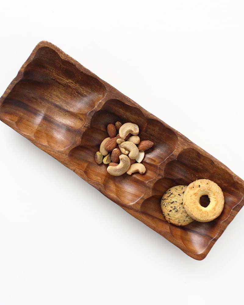 Rectangular 3-Compartment Wood Tray with Wave Pattern | Home Café Snack Wooden Plate