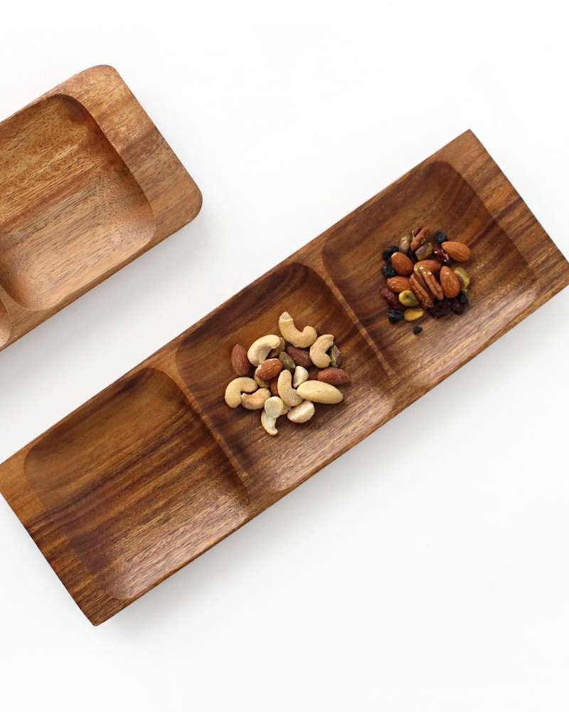 3-Compartment Wooden Sharing Plate - Low Rectangular Design for Snacks and Solo Dining