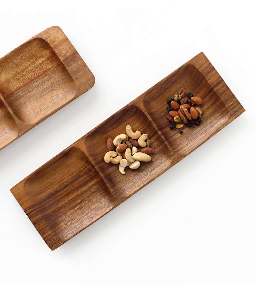 3-Compartment Wooden Sharing Plate - Low Rectangular Design for Snacks and Solo Dining