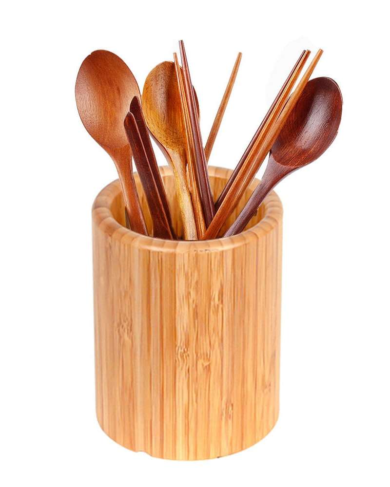 Cylindrical Bamboo Utensil Holder | Wood Commercial Restaurant Cutlery Container