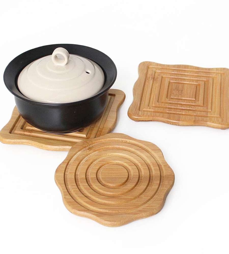 Bamboo Wave Wood Pot Stand (Stone Pot Trivet, Dolsot Stand, Camping Pot Holder, Antique Coaster, Gift Set)