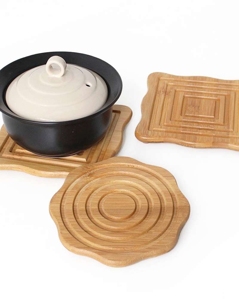 Bamboo Wave Wood Pot Stand (Stone Pot Trivet, Dolsot Stand, Camping Pot Holder, Antique Coaster, Gift Set)