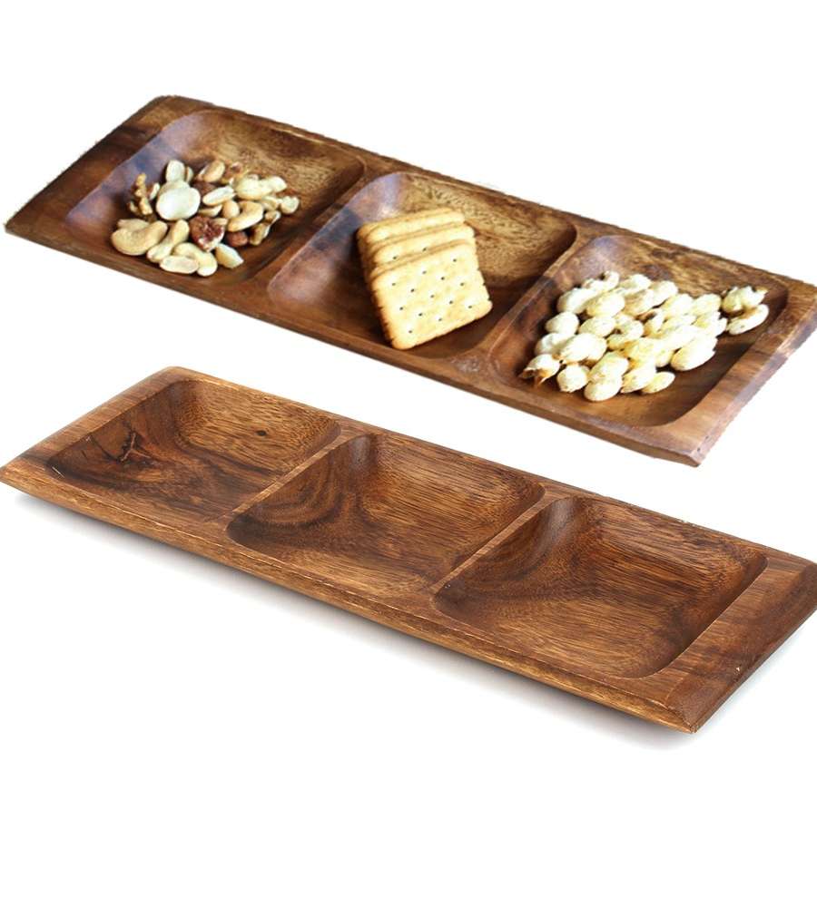 3-Compartment Divided Serving Dish Low Rectangular Wood Snack Appetizer Solo Drinking Bowl