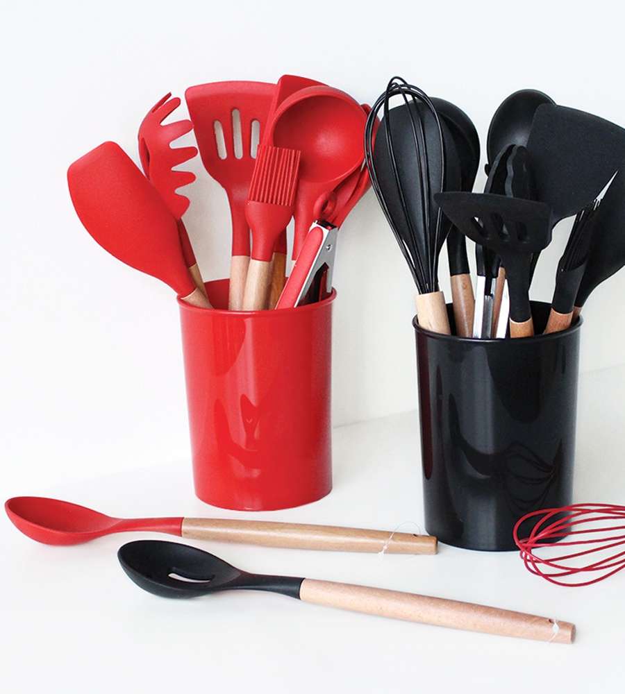 Wood Handle Silicone Cooking Utensil Set (6-Piece or 12-Piece, Red/Black Kitchen Tools)