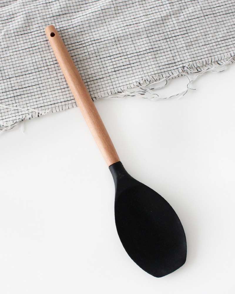 Black Wood Handle Silicone Multi-Purpose Stir-Fry Wooden Spoon Spatula