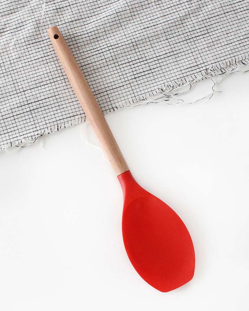 Red Wood Handle Silicone Multi-Purpose Frying Spoon | Wooden Spoon Spatula