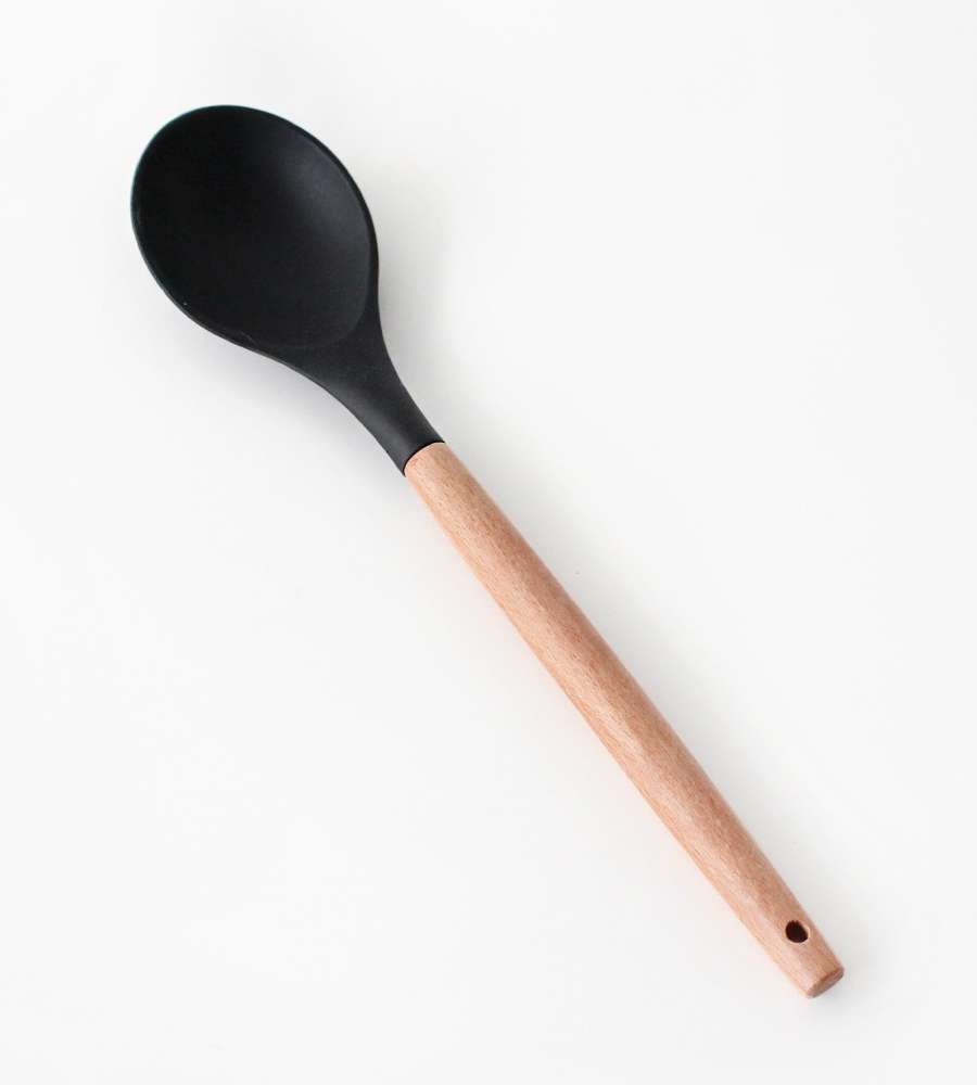 Black Wood Handle Oval Silicone Stir-Fry Spatula | Wooden Spoon