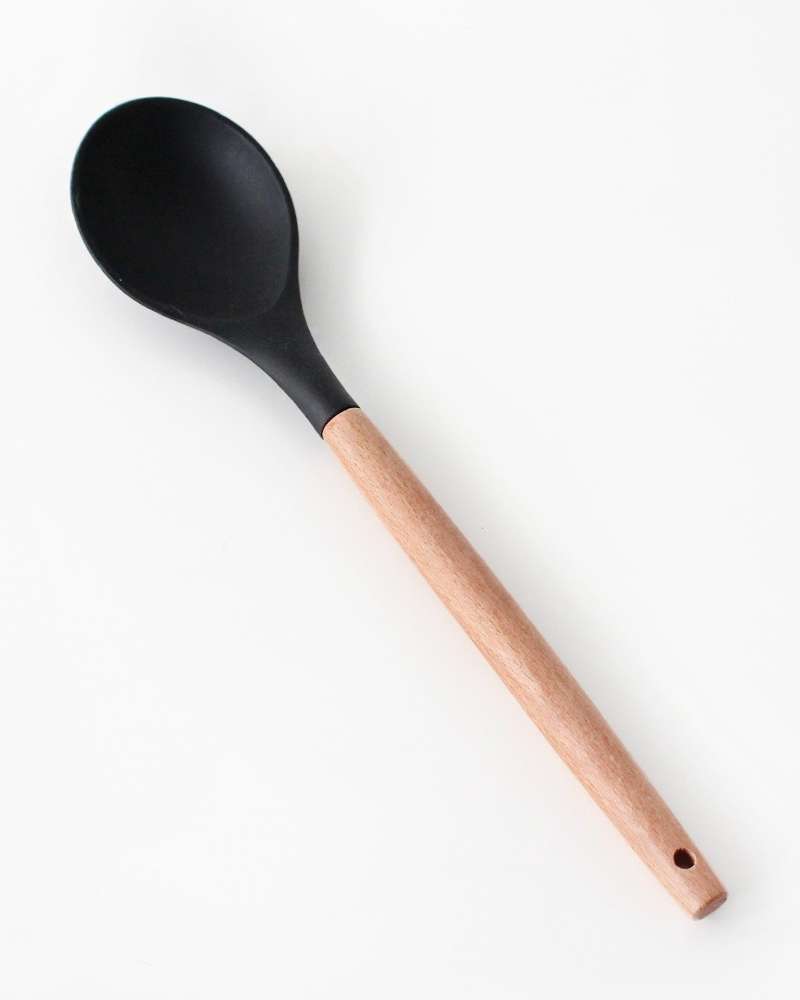 Black Wood Handle Oval Silicone Stir-Fry Spatula | Wooden Spoon