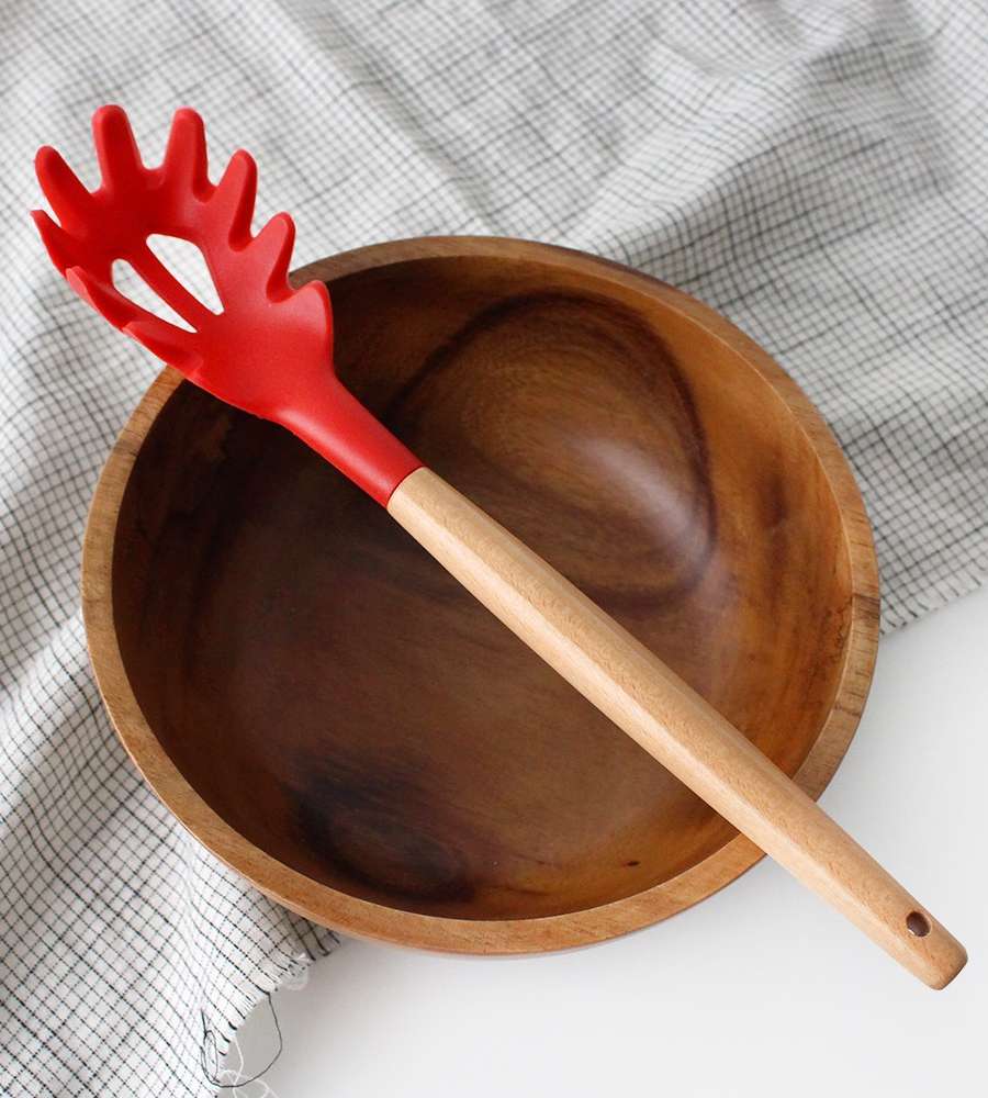 Red Wood Handle Silicone Noodle Strainer | Wooden Noodle Scooper