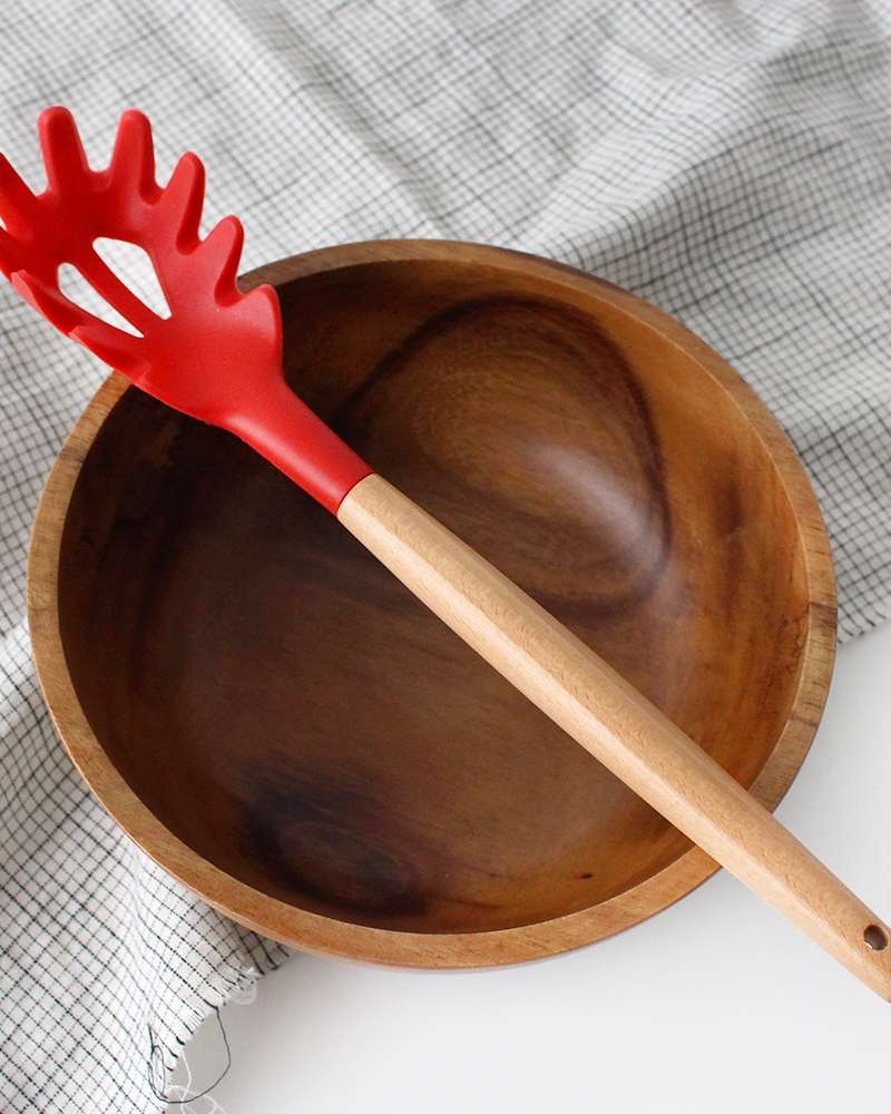 Red Wood Handle Silicone Noodle Strainer | Wooden Noodle Scooper
