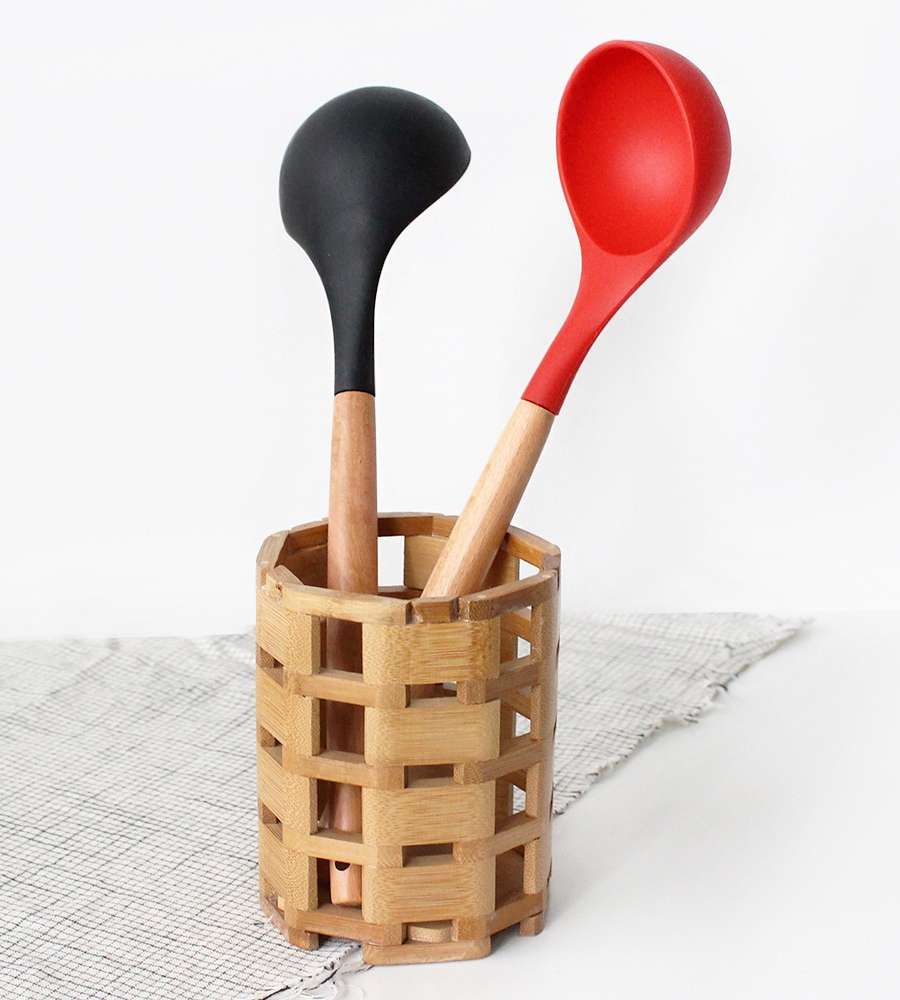 Wood Handle Silicone Ladle Round | Wooden Cooking Soup Utensil