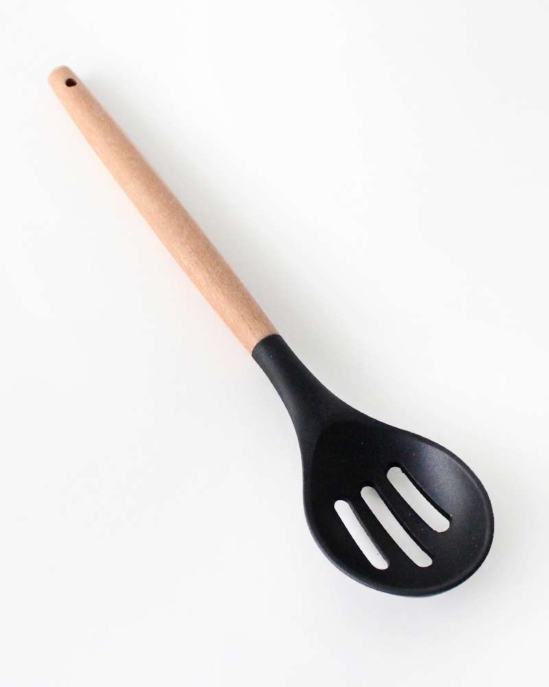 Black Wood Handle Perforated Oval Silicone Stir-Fry Spatula | Wooden Spoon