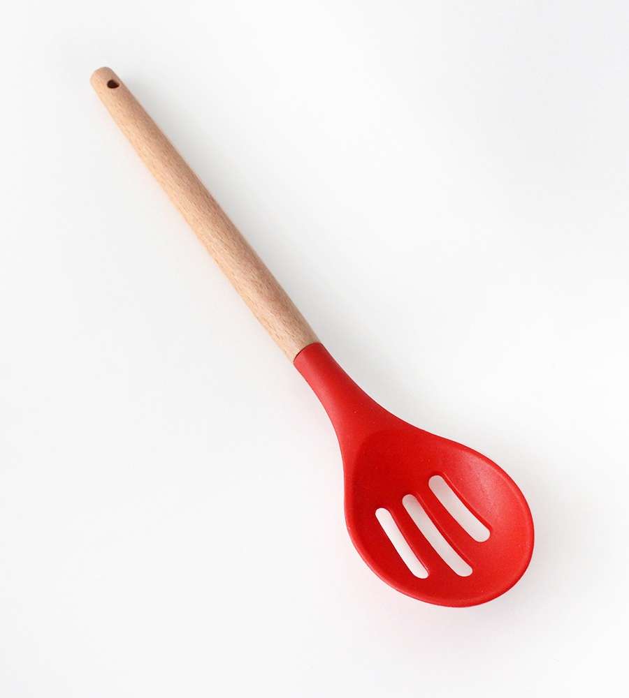 Red Wood Handle Perforated Oval Silicone Stir Fry Turner | Wooden Spoon