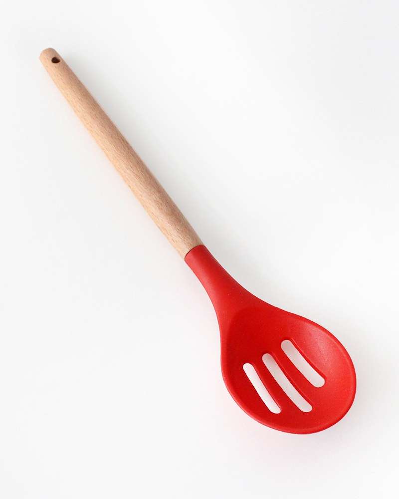 Red Wood Handle Perforated Oval Silicone Stir Fry Turner | Wooden Spoon