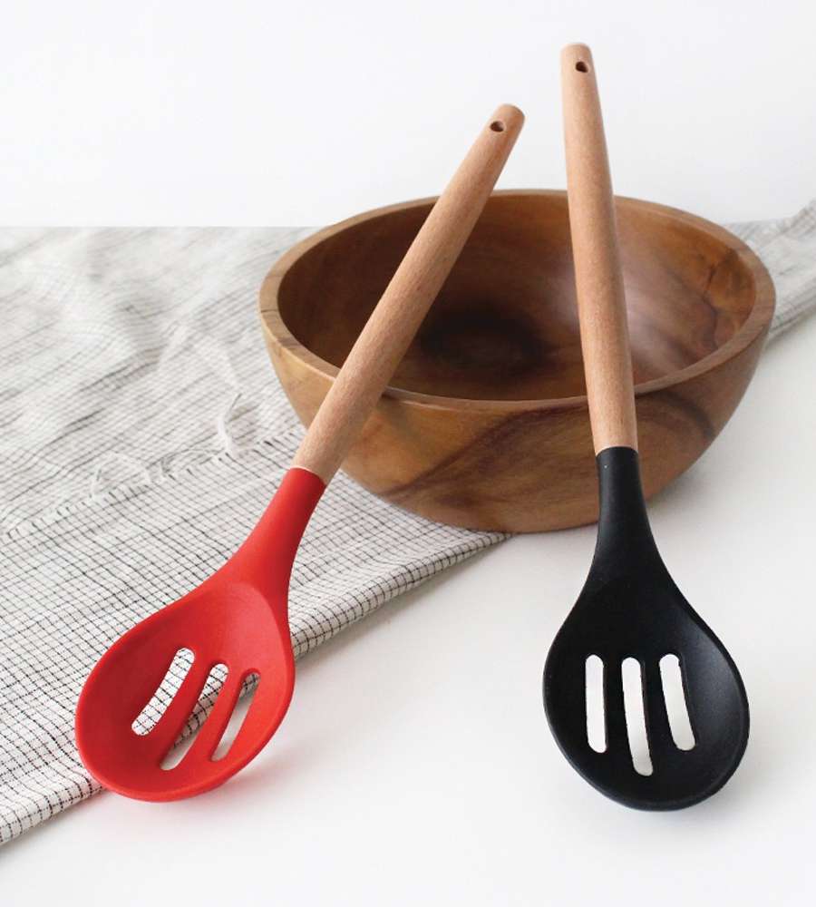 Wood Handle Perforated Oval Silicone Stir-Fry Spatula | Wooden Cooking Spoon