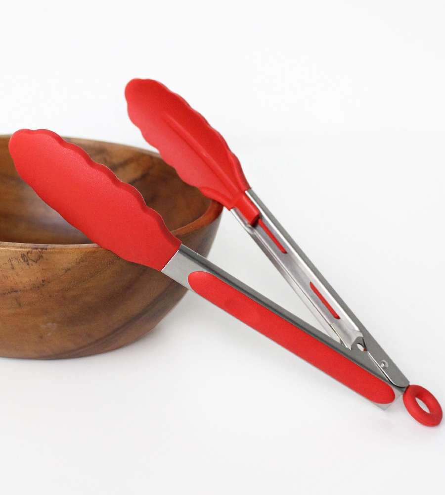 Red Stainless Steel Silicone Tongs | Cooking Kitchen Camping Salad Buffet