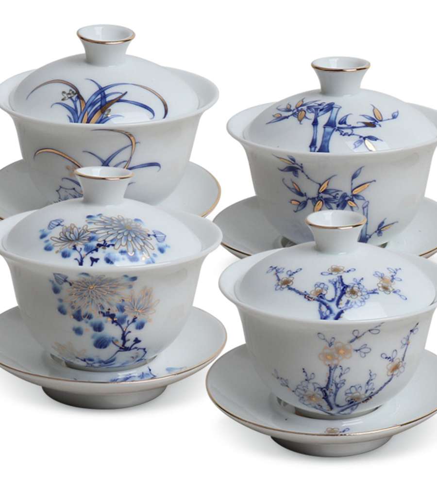 Premium Gold-Plated White Porcelain Four Gentlemen Covered Bowl