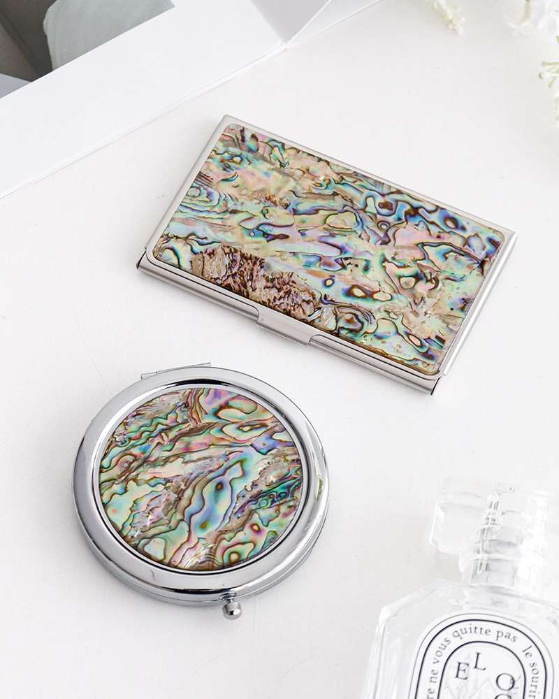 (2-Piece Set) Mother-of-Pearl Lacquered Aurora Business Card Case + Aurora One-Touch Hand Mirror M