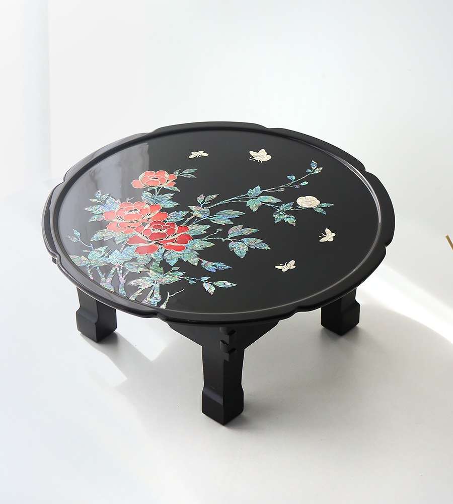 Mother-of-Pearl Lacquerware Peony Flower Oval Folding Table 45cm