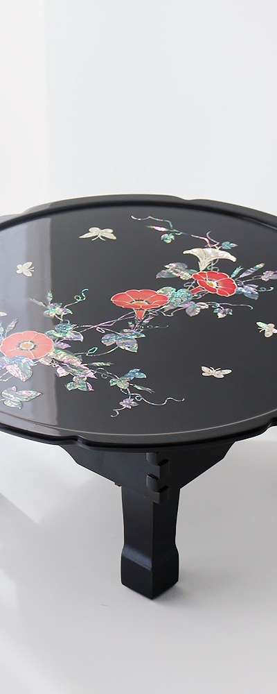 螺鈿漆器 朝顔 彩花 花楕円 折りたたみ式 螺鈿卓 45cm