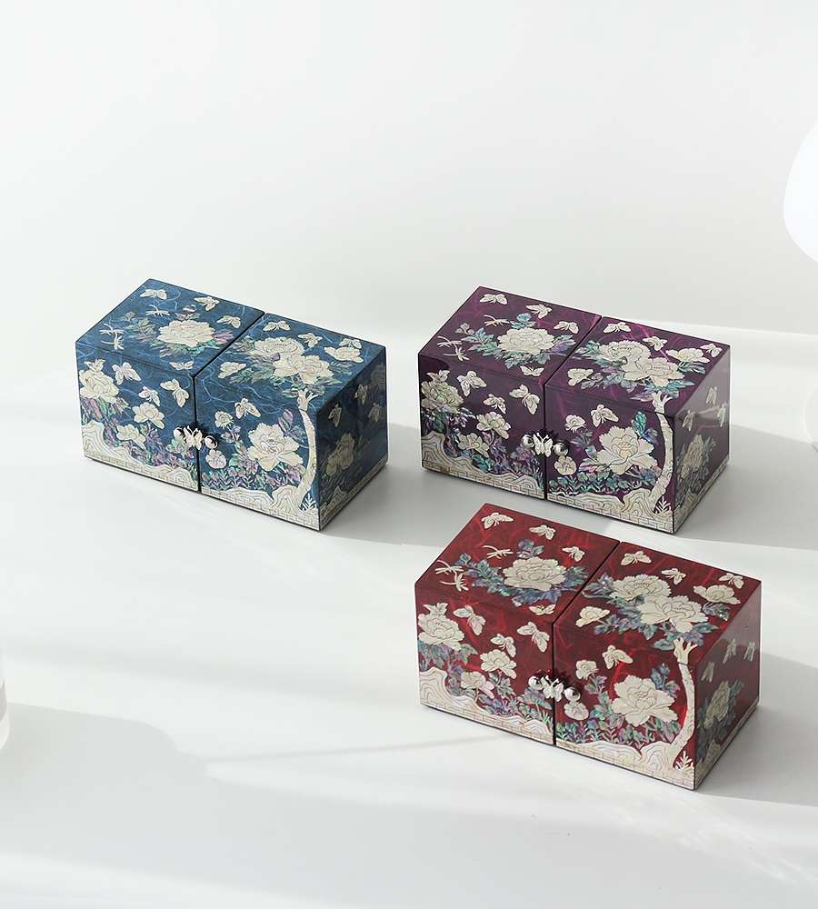 Mother-of-Pearl Lacquer Hanji Double-Hinged Jewelry Box (Medium) - Peony