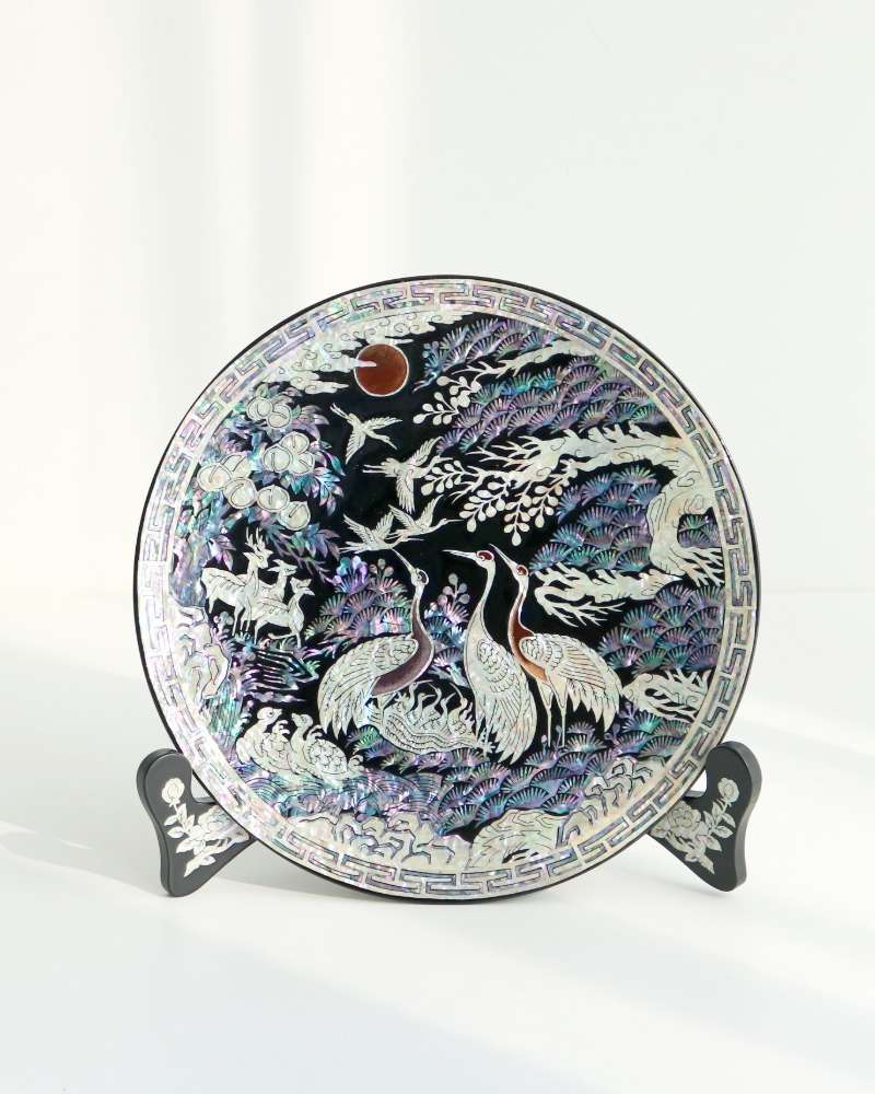 Nacre Lacquerware Ten Symbols of Longevity Decorative Mini Mother-of-Pearl Tray, Black, 20cm