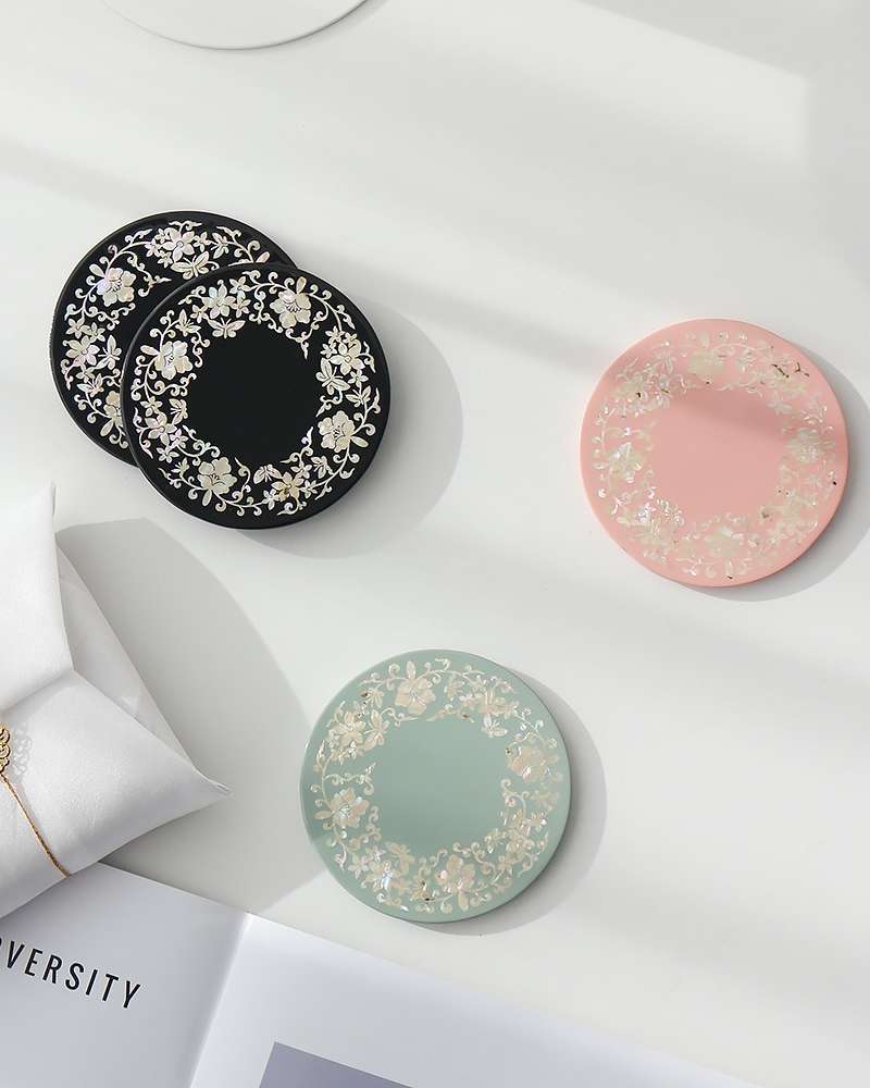 Nacre Lacquerware Round Mother-of-Pearl Coaster (Flower Butterfly Arabesque) Set of 2