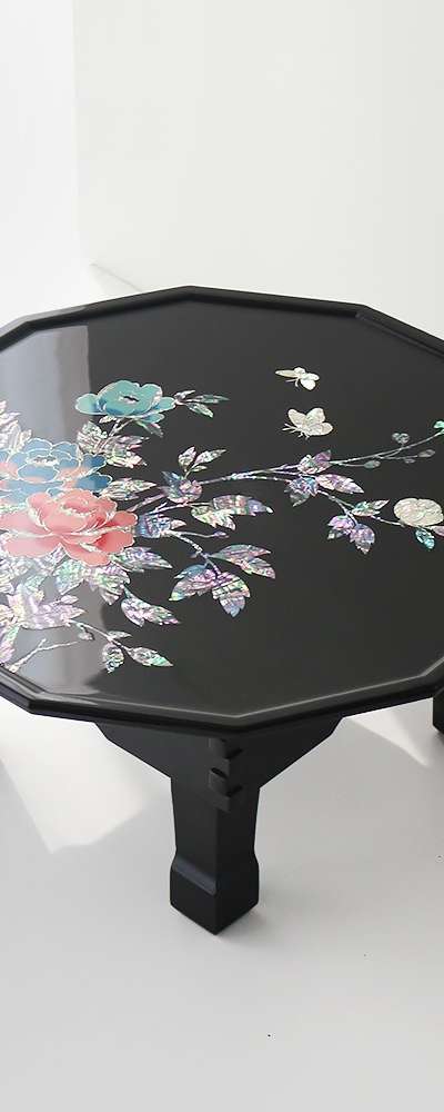 螺鈿漆器 12角牡丹花彩絵 折りたたみ式貝殻卓45センチ