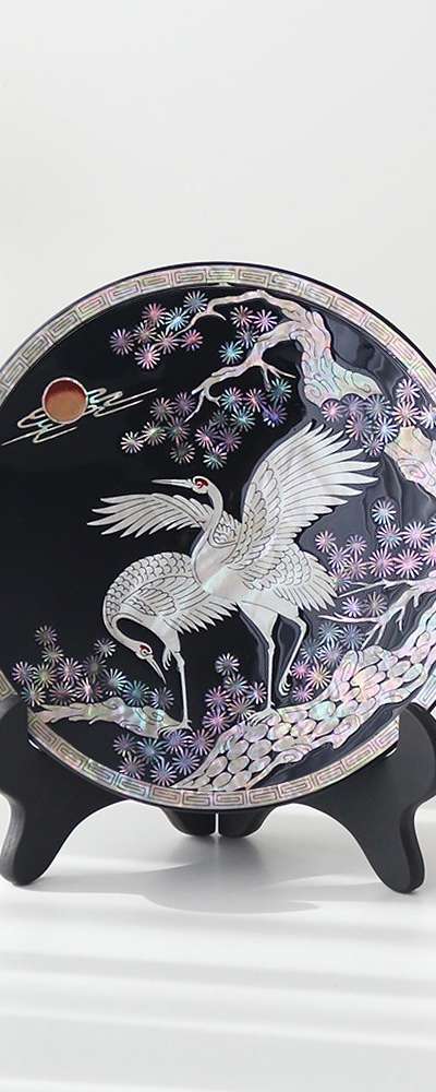 螺鈿漆器 月鶴 装飾用 ミニ 貝殻盆 18cm
